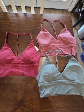P'tula Seamless V-Neck Bralette Trio in Olive, Dusty Rose, and Heather Charcoal